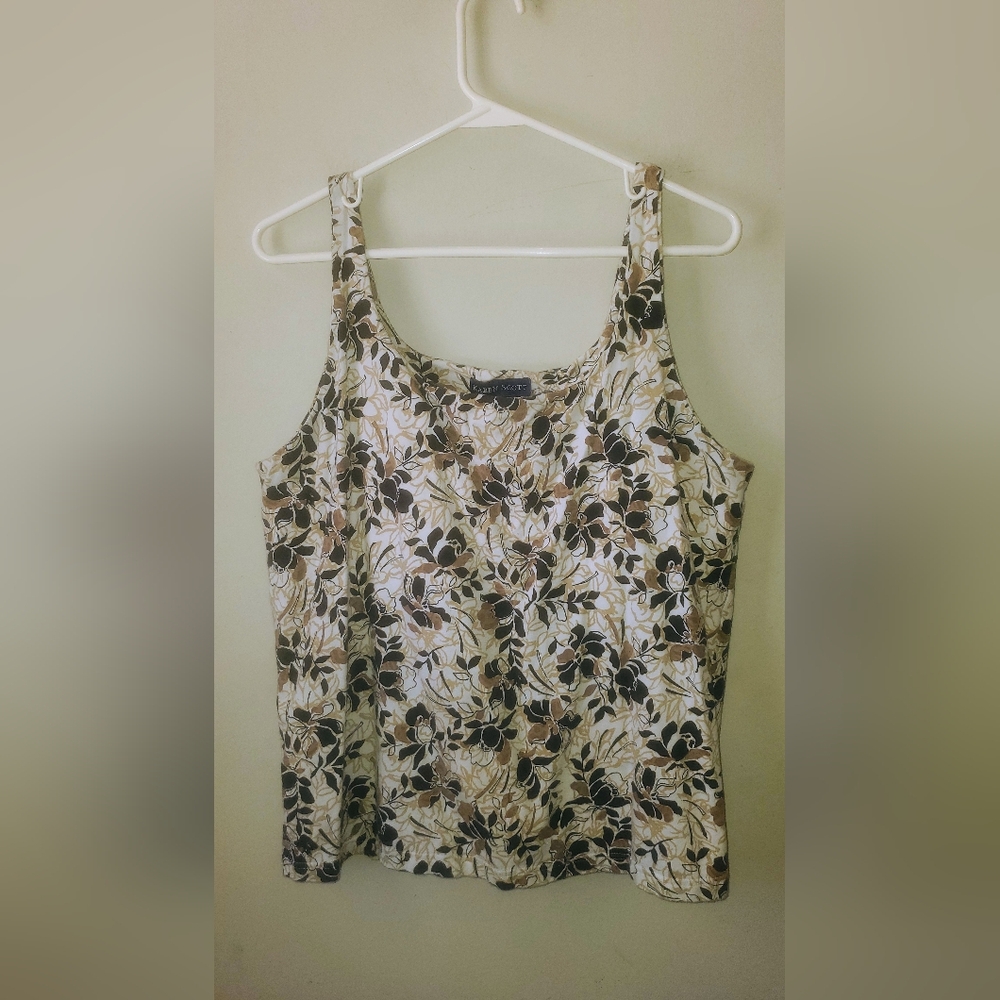 Karen Scott Floral Scoop Tank Top - Beige, Black & White
